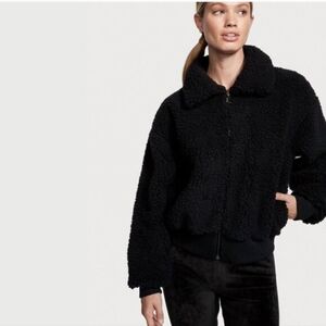 Victoria's Secret Black Sherpa Full Zip Bomber Jacket Size Small Winter Fall